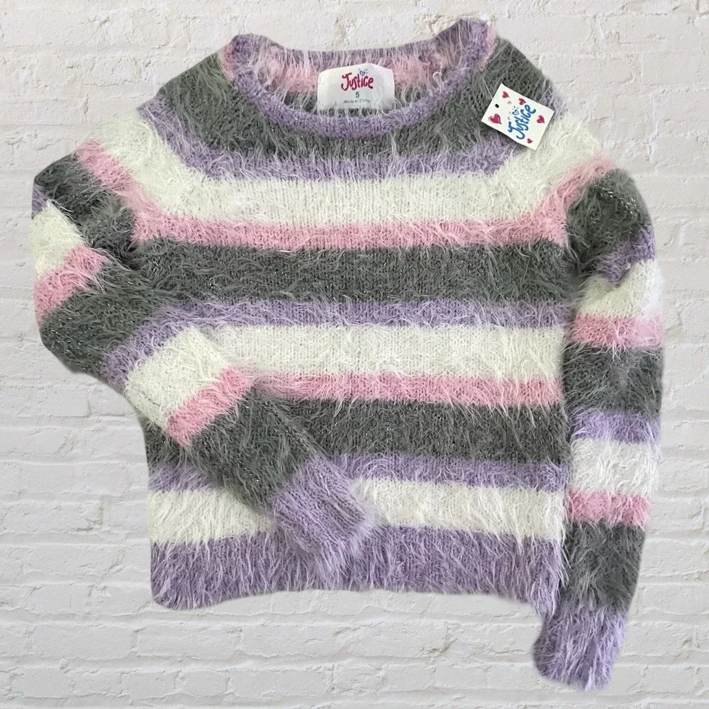 Justice Girls Fuzzy Multicolor Striped Sweater Girls‎ 5 Cozy Soft Preppy NWT